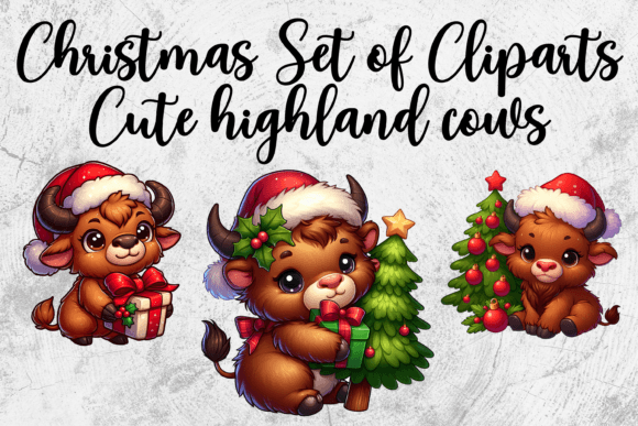 3 Christmas Highland Cow PNG: Festive Illustrations