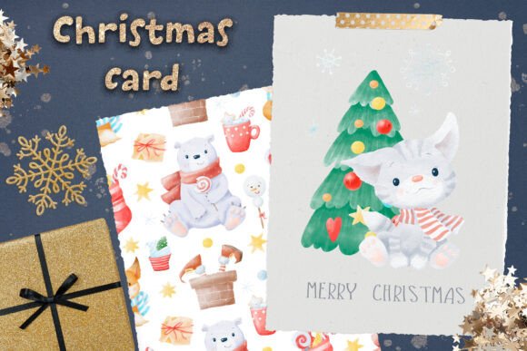 Christmas Cat Postcard Png: Festive Illustrations