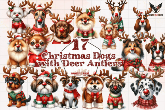 Christmas Dogs with Deer Antlers Clipart: Illustrations Review