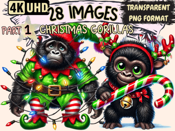 Christmas Gorillas Clipart P1: Festive Illustrations