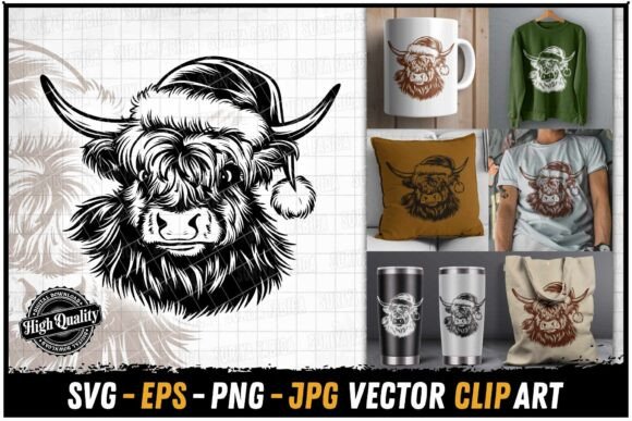 Christmas Hat Highland Cow Vintage SVG: Illustrations