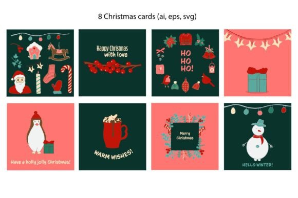 Christmas Square Greeting Cards Vector Illustrations