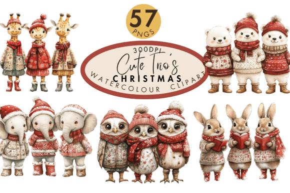 Cute Trios Christmas Watercolor Clipart for Illustrations