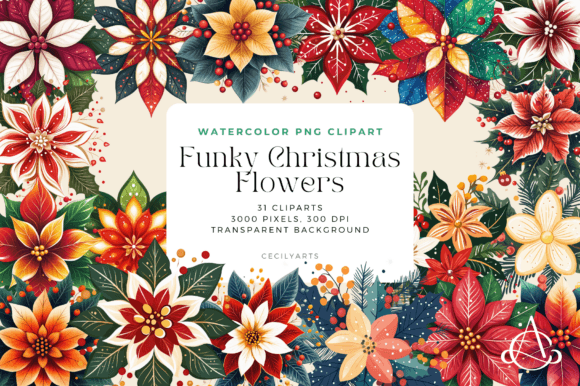 Funky Christmas Flowers Cliparts: Bold Illustrations