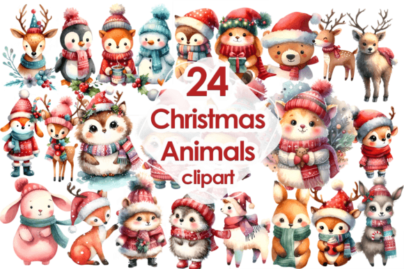 Funny Cute Christmas Animals Clipart PNG Illustrations