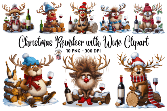 Reviewing Christmas Reindeer with Wine Clipart PNG for Illustrations