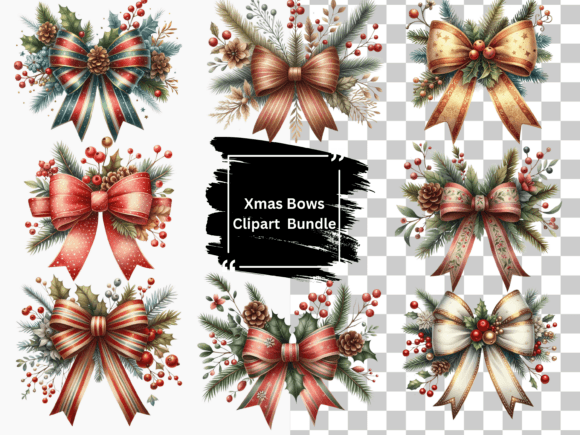 Vintage Festive Bows Christmas Illustrations