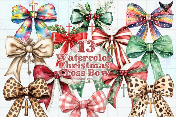 Watercolor Christmas Cross Bow Clipart: Illustrations for Sellers